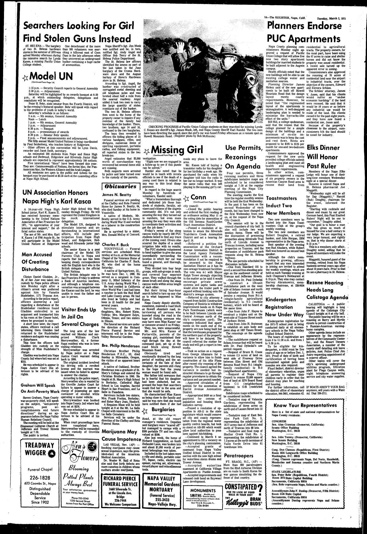 Willie the Woodcutter murder and Napa Register coverage: 03/02/71 page 9a